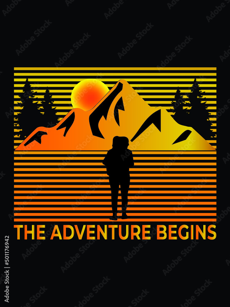 the adventure begins with a man, a man hiking with backpack on mountain vector designs the adventure begins with a man, a man hiking with backpack on mountain vector designs