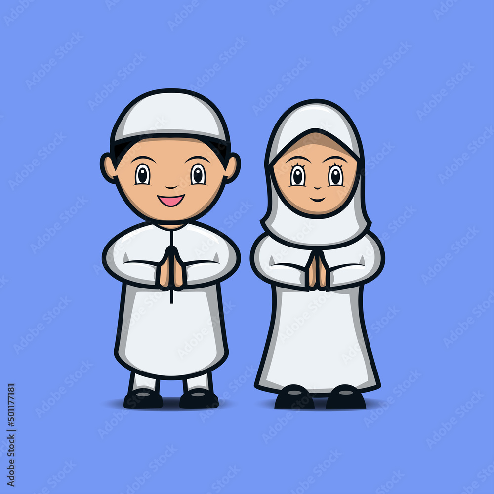 boy and girl Muslim celebrating eid Mubarak vector illustration