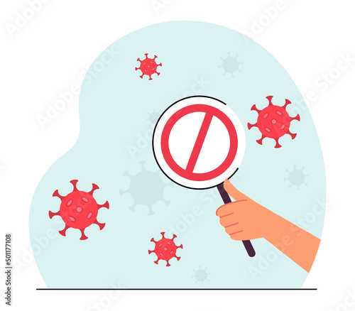 Hand holding circle stop sign in front of virus cells. Person warning about risk of coronavirus infection flat vector illustration. Pandemic concept for banner, website design or landing web page