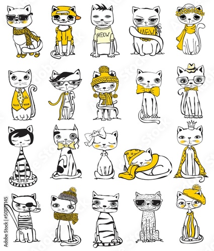Big set of vector cute funny cats for greeting card design, t-shirt print, inspiration poster.