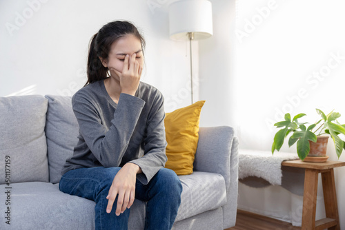 Woman Touch Her Forehead Suffer From Migraine Headache