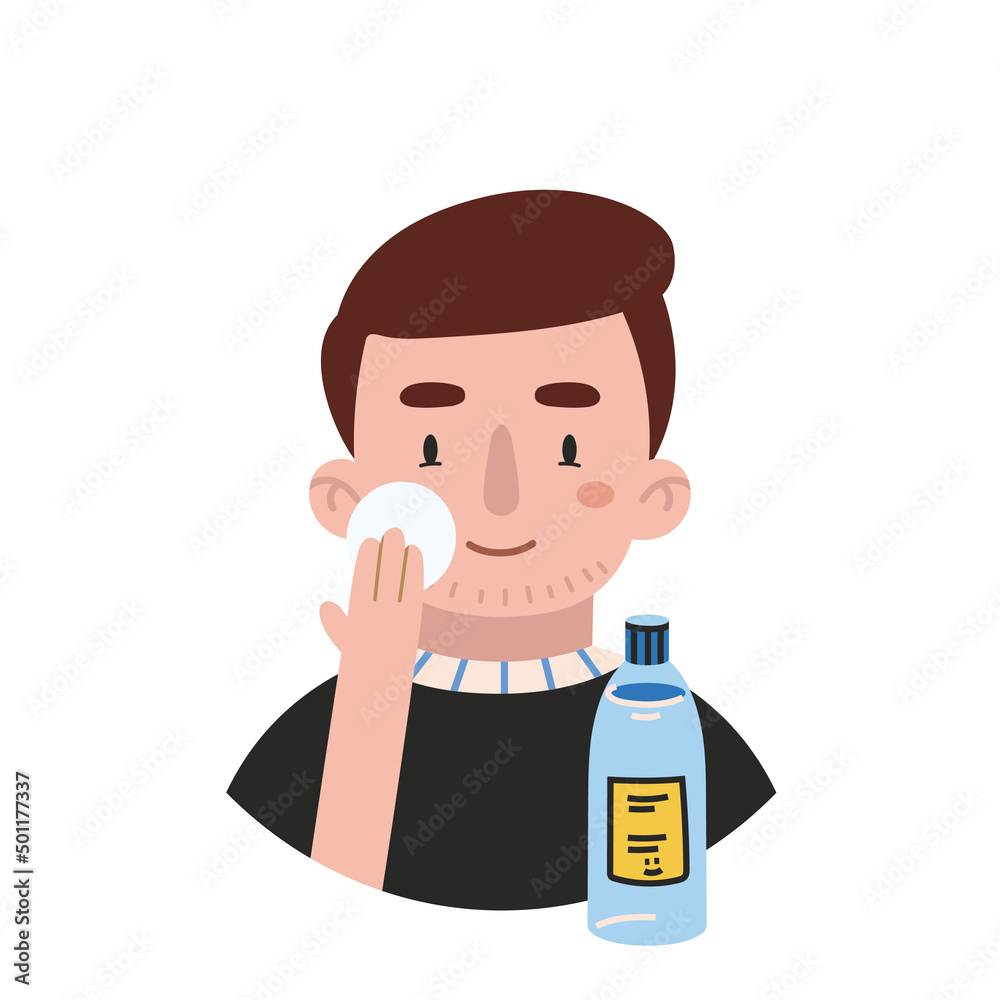 Boy applies toner, face skin care routine, cartoon style character Boy applies toner, face skin care routine, cartoon style character