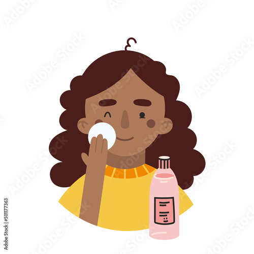 African American girl applies toner, face skin care routine, cartoon style character