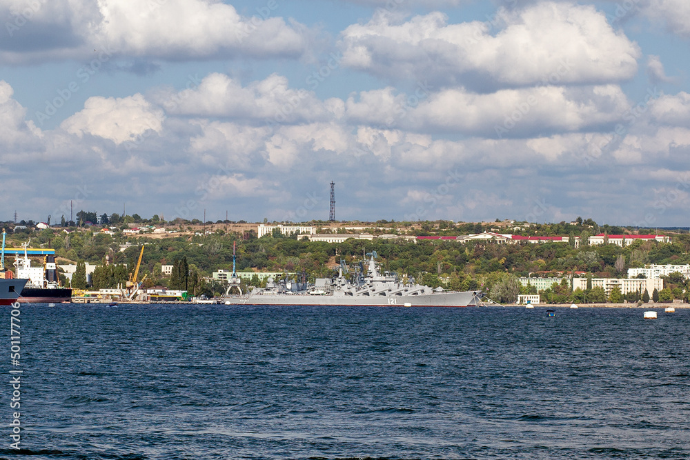 Sevastopol, Crimea / Ukraine, August 13, 2012. Russian Black Sea Navy flagship class Slava cruiser 