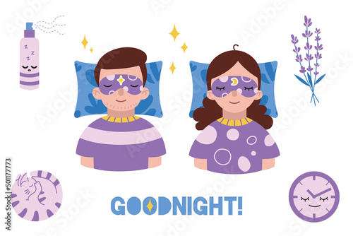 Sleep boy and girl in bed with sleeping mask. Help for falling asleep concept.