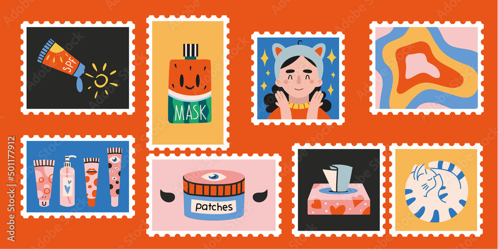 Set of cute hand-drawn post stamps, funny characters and cosmetic products. Set of cute hand-drawn post stamps, funny characters and cosmetic products.