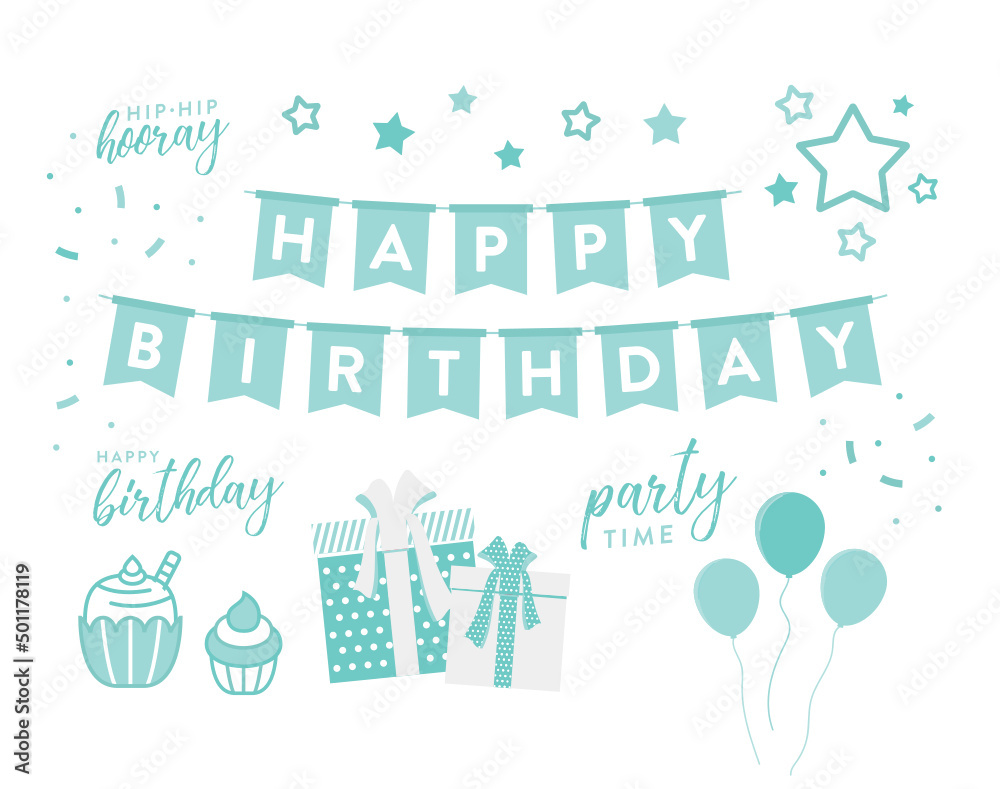 Happy Birthday Icons, Birthday Vector, Balloon Vector, Birthday Decoration, Birthday Decor, Star Icons, Cupcake, Greeting Card Vector Illustration Set
