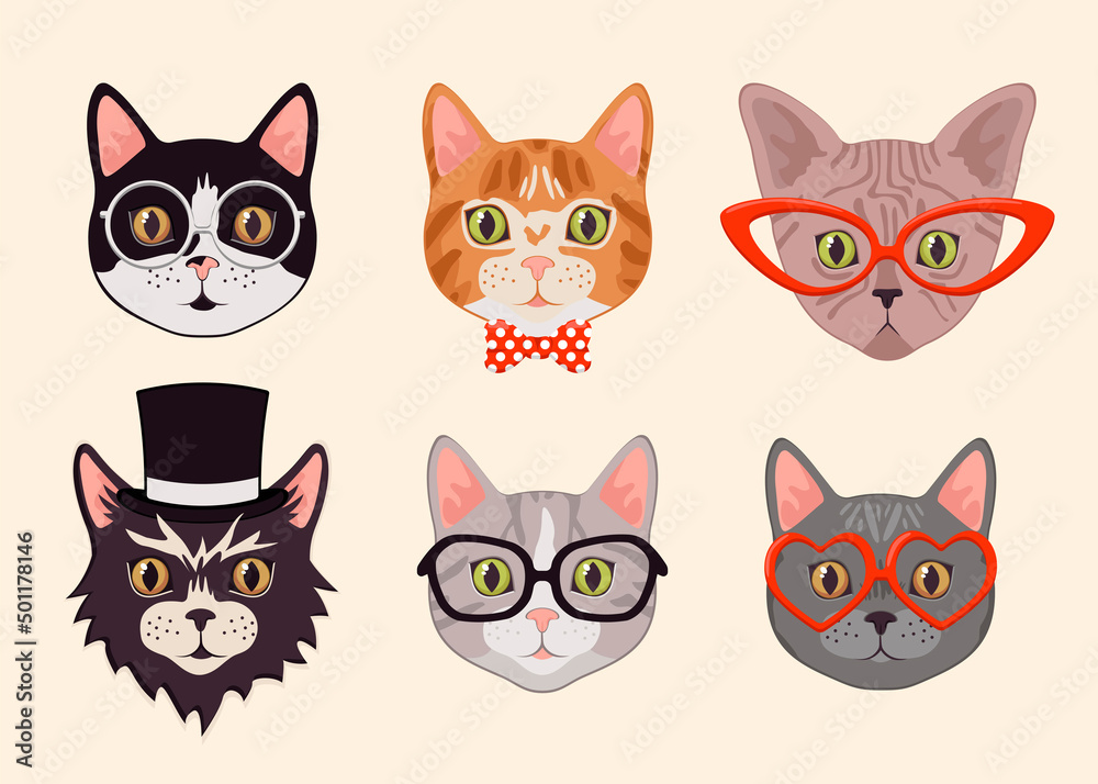 Cute cat heads with glasses and hats cartoon illustration set. Stylish animal faces or muzzles. Hipster kittens wearing modern or trendy accessories. Pet, fashion concept Cute cat heads with glasses and hats cartoon illustration set. Stylish animal faces or muzzles. Hipster kittens wearing modern or trendy accessories. Pet, fashion concept