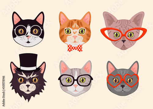 Cute cat heads with glasses and hats cartoon illustration set. Stylish animal faces or muzzles. Hipster kittens wearing modern or trendy accessories. Pet, fashion concept