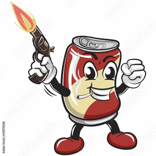 cute drink can vintage character mascot illustration smoke cigarette and shooting with a gun