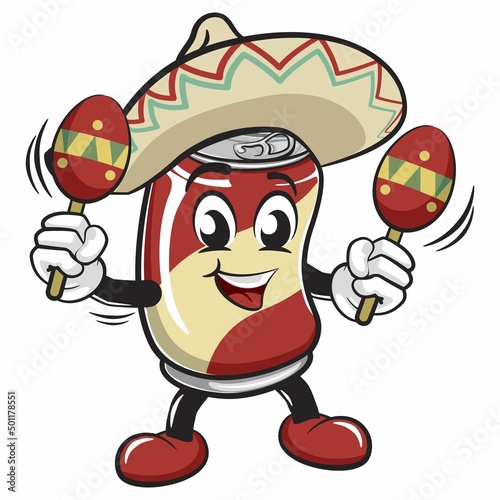 cute drink can vintage character mascot illustration with wearing sombrero with playing maracas