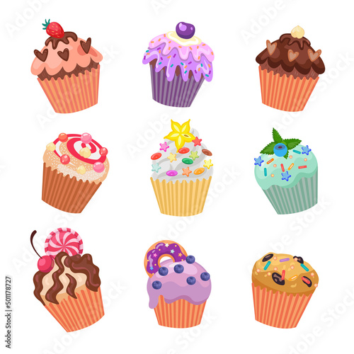 Different colorful cupcakes or muffins vector illustrations set. Collection of drawings of little cakes with frosting and sprinkles isolated on white background. Holiday, dessert, decoration concept