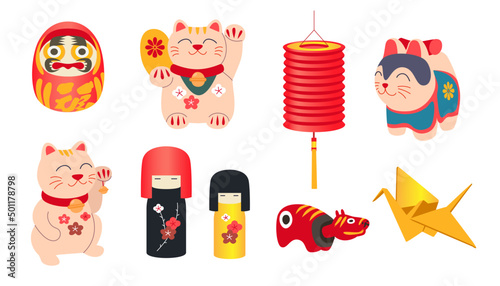 Different Japanese national toys vector illustrations set. Collection of drawings of lucky maneki neko or cat, traditional dolls, paper crane for good fortune. Japan or Asia, culture concept