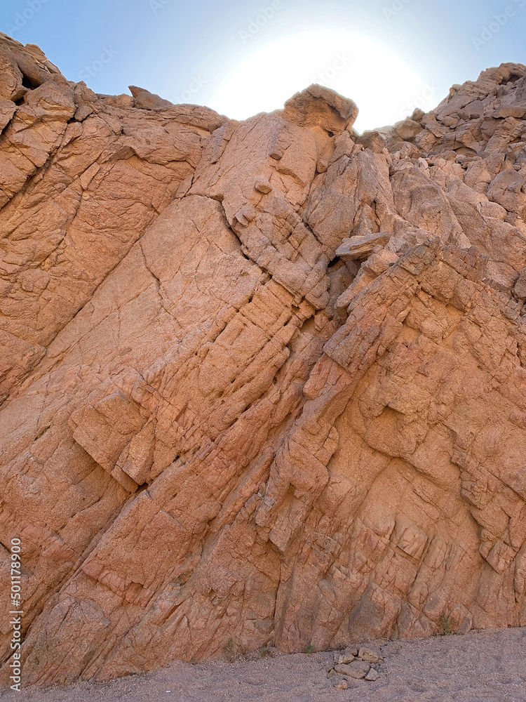 Small canyon with red sandstone rocks, Nabq protected area, Sharm El Sheikh, Sinai peninsula, Egypt, North Africa. Egyptian safari
