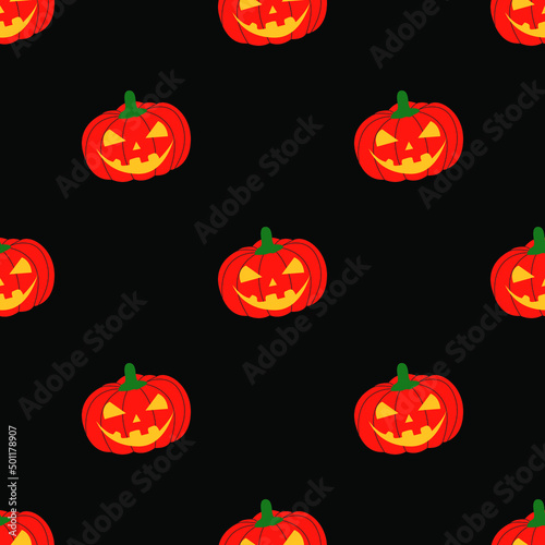 Colourful red pumpkin with Halloween style isolated on black background is in Seamless pattern - vector illustration