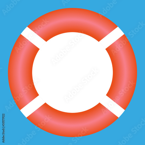 Frame with red life preserver on blue background with place for text