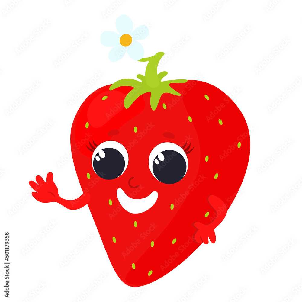 Fototapeta premium Strawberries in cartoon style. A fruit with a face and a flower is happy and smiling. Strawberries for baby food, packaging, for fruit puree or juice or baby gel and shampoo.