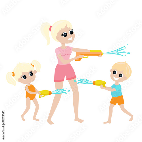 Children play water battle with mom in cartoon style. Illustration isolated on white background. Mood of happiness and fun.crocodile, scooter
