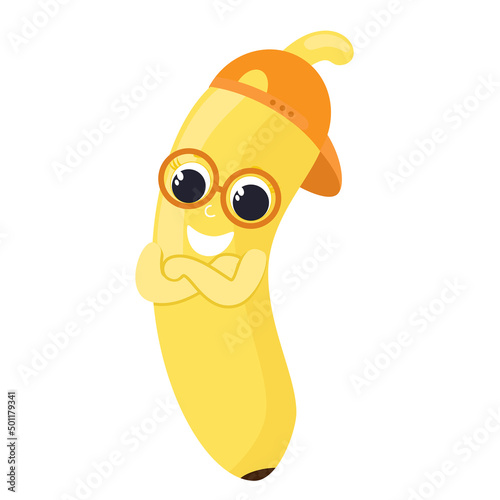 Banana in cartoon style. A fruit with a face and glasses and a baseball cap is happy and smiling. Banana for baby food, packaging, for fruit puree or juice.