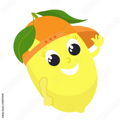 Lemon in cartoon style. A fruit with a face and a leaf and in a baseball cap is happy and smiling. Lemon for baby food, packaging, for fruit puree or juice or baby gel and shampoo.