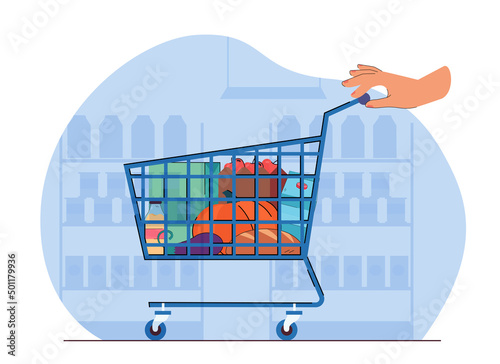 Hand on shopping cart with different groceries or products. Person buying food from supermarket or online store flat vector illustration. Shopping concept for banner, website design or landing page
