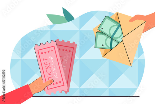 Hands exchanging two tickets for envelope with money. Illegal purchase and scam of person flat vector illustration. Corruption, finance, offer concept for banner, website design or landing web page