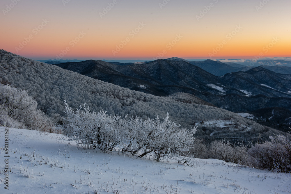 Scenic wintry landscape with colorful sky over the Appalachian Mountains from Roan Mountain State Park in Tennessee