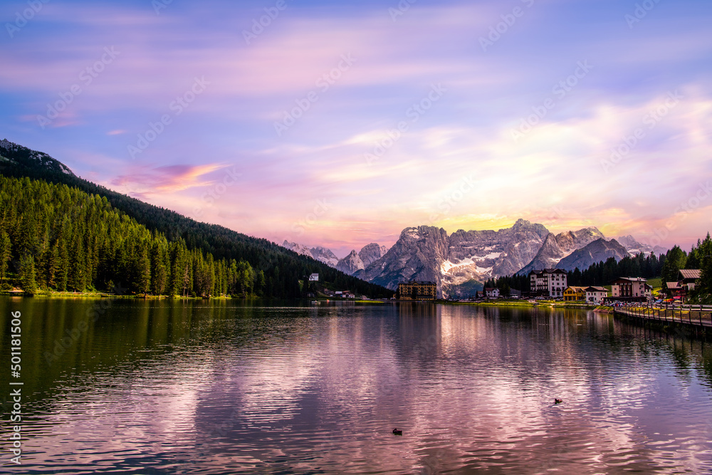 Beautiful Sunrise at Misurina Lake in Italian Dolomites Mountains, nature landscape.
