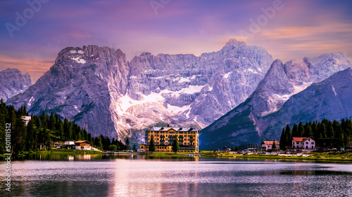 Beautiful Sunrise at Misurina Lake in Italian Dolomites Mountains, nature landscape. 
