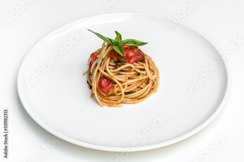 Pasta with vegetables, Asian cuisine. Photo of food on a white background