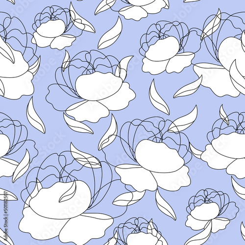 Seamless pattern with linear peony flowers from black outlines on a pale blue background. Delicate print with garden plants. Vector contour graphics in vintage floral style for fabric, paper wrapping
