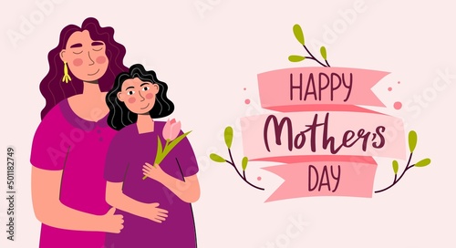 Happy Mothers Day holiday banner template with mom and daughter and lettering Vector illustration