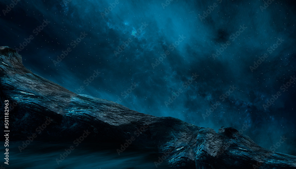 Clouds. Fantasy night landscape with mountains and clouds reflected in the water. Neon blue. Abstract islands, stones on the water. Dark natural scene. Neon space planet. 3D illustration. Clouds. Fantasy night landscape with mountains and clouds reflected in the water. Neon blue. Abstract islands, stones on the water. Dark natural scene. Neon space planet. 3D illustration.