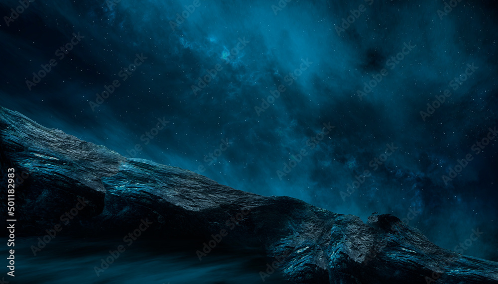 Naklejka premium Clouds. Fantasy night landscape with mountains and clouds reflected in the water. Neon blue. Abstract islands, stones on the water. Dark natural scene. Neon space planet. 3D illustration. 