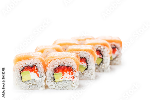 Sushi with red fish, Asian cuisine. Photo of food on a white background