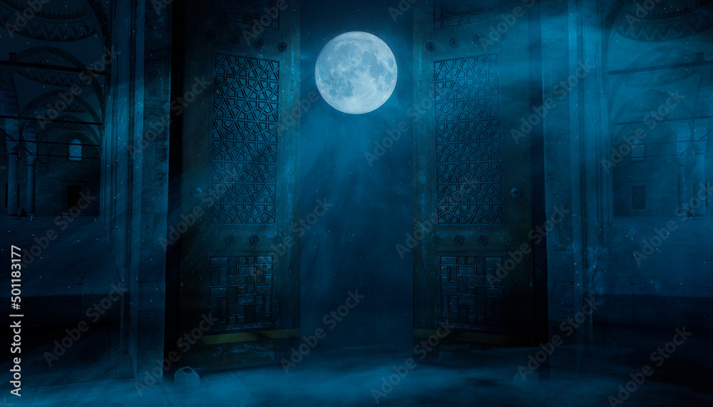 Open old doors. Empty street night scene. Blue neon moonlight. Night dark street of the old city. Stone wall, concrete, limestone. 3D illustration. - obrazy, fototapety, plakaty 