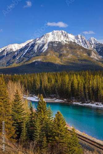 River And Mountains In Banff On A Bright Day