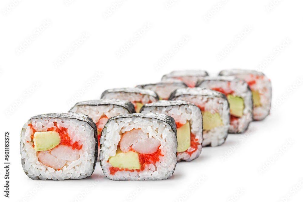 Sushi with crab, Asian cuisine. Photo of food on a white background Sushi with crab, Asian cuisine. Photo of food on a white background