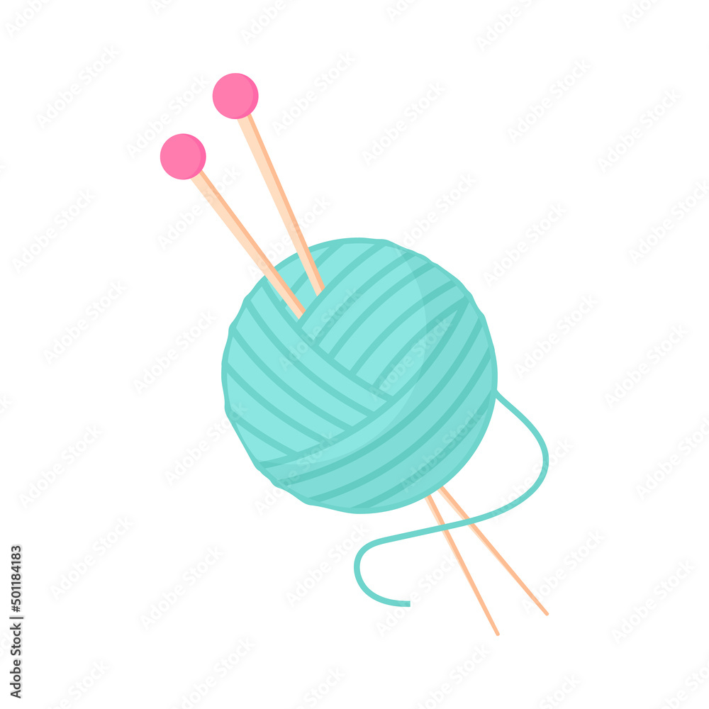 Balls of wool for knitting and knitting needles. Colorful vector illustration. Flat design