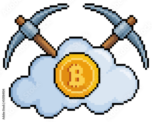 Pixel art bitcoin mining in the cloud vector icon for 8bit game on white background
