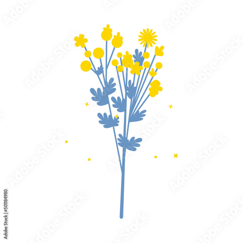 Yellow and blue simple flowers. Stand with and support Ukraine. Pray Ukraine. Russian-Ukrainian conflict. Stop world war. Banner design. 