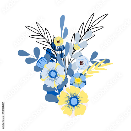 Yellow and blue flowers bouquet. Stand with and support Ukraine. Pray Ukraine. Russian-Ukrainian conflict. Stop world war. Banner design.  © Ira Kozhevnikova