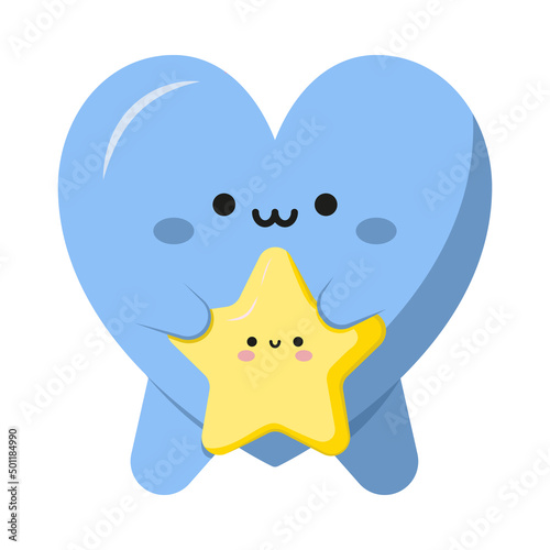 Blue kawaii heart with yellow cute star. Stand with and support Ukraine. Pray Ukraine. Russian-Ukrainian conflict. Stop world war. Banner design. 