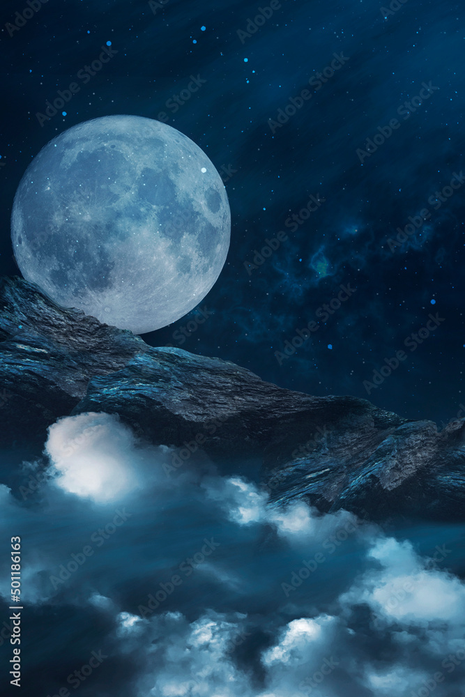 Fototapeta premium Clouds. Fantasy night landscape with mountains and clouds reflected in the water. Neon blue. Abstract islands, stones on the water. Dark natural scene. Neon space planet. 3D illustration.