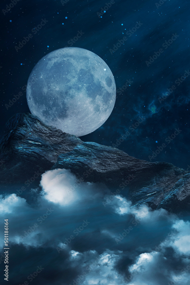 Fototapeta premium Clouds. Fantasy night landscape with mountains and clouds reflected in the water. Neon blue. Abstract islands, stones on the water. Dark natural scene. Neon space planet. 3D illustration. 