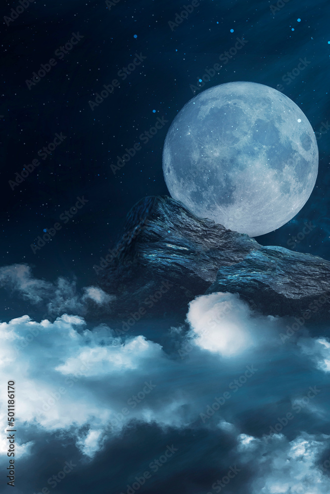 Clouds. Fantasy night landscape with mountains and clouds reflected in the water. Neon blue. Abstract islands, stones on the water. Dark natural scene. Neon space planet. 3D illustration. 