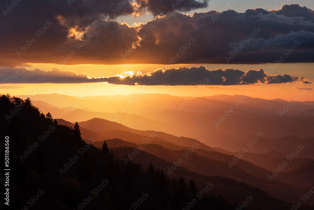 Dramatic evening light over Cherokee North Carolina and the Great Smoky Mountains from along the Blue Ridge Parkway