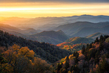 Scenic sunrise over Linville Gorge Wilderness in North Carolina