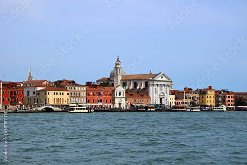 Italy, Veneto: Landscape of Venice from the Sea.