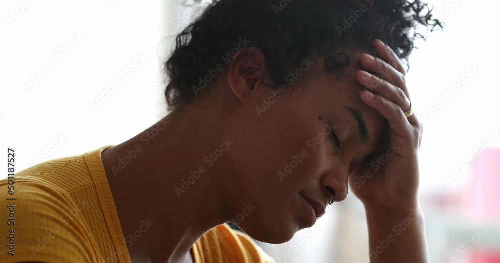 Anxious young woman, suffering person feeling depressed and pain